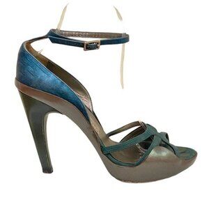Salvatore Ferragamo Leather Metallic Gray and Teal Ankle Strap Heels Size 7.5